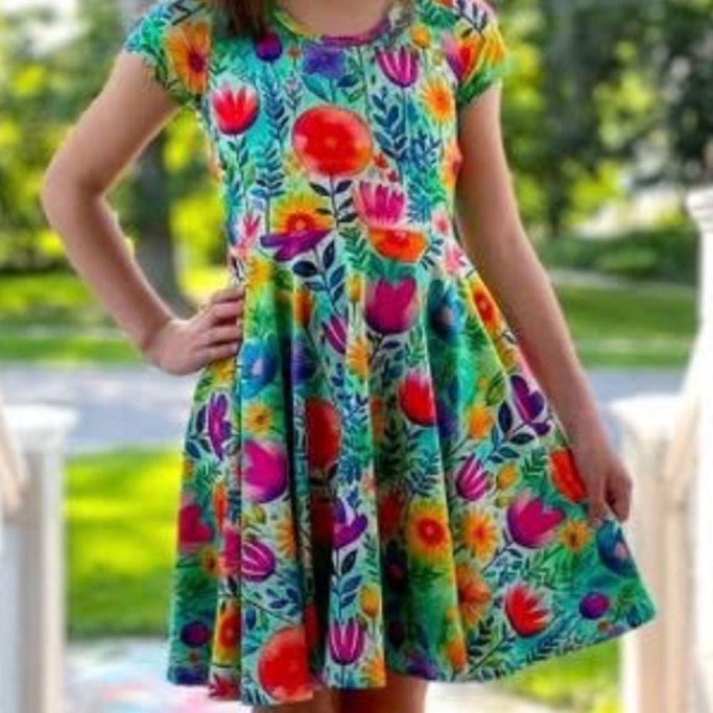 Purple Dahlia Handmade Watercolor Floral Twirl Dress Sz 7